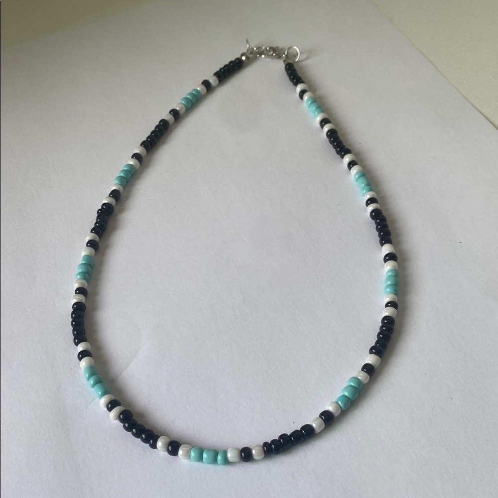 Handmade Beaded Necklace in Black, White, and faux Turquoise